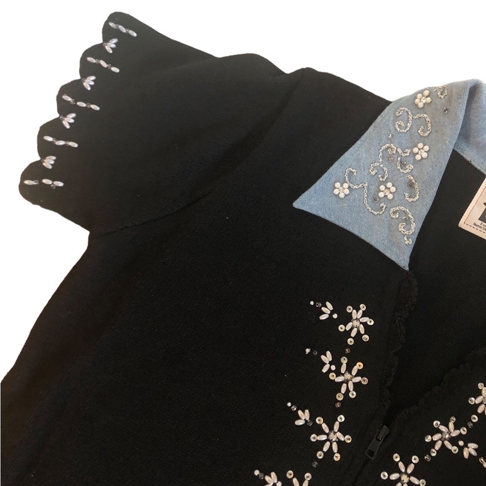 Storybook Knits Black Embellished Cardigan Sweater 1X Zip Beaded Denim Collar - Picture 3 of 6